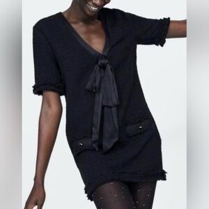 Zara Black Tweed Mini Dress with Satin Bow Detail